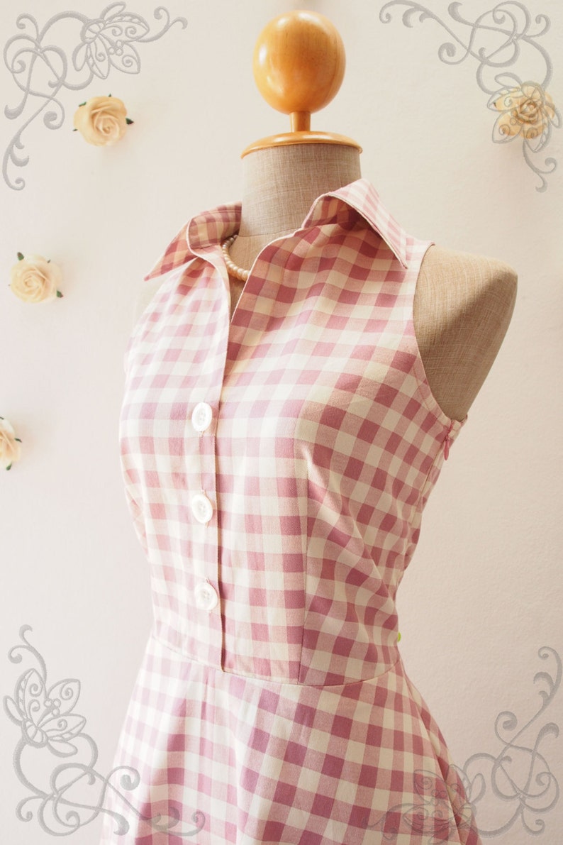 Pink Shirt Dress, Dusky Pink Gingham Dress Vintage Style Dress Cute Summer Sundress, Dancing Dress Working Dress Size XS-XL image 3