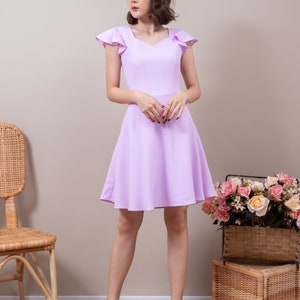 Lavender Dress Wedding guest Sweetheart Purple ruffle sleeve swing skirt vintage party bridesmaid rustic wedding prom Pastel Summer dress