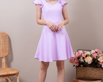 Lavender Dress Wedding guest Sweetheart Purple ruffle sleeve swing skirt vintage party bridesmaid rustic wedding prom Pastel Summer dress