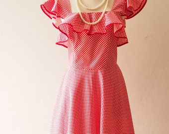 Red summer dress red gingham Ruffle strap vintage retro party dress swing dance dress red sundress checker print