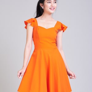 OLIVIA Orange Dress Orange Bridesmaid Dress Swing Dance Dress Tangerine Dress Ruffle Sleeve Sundress Sweetheart Prom Dress Summer Dress image 3