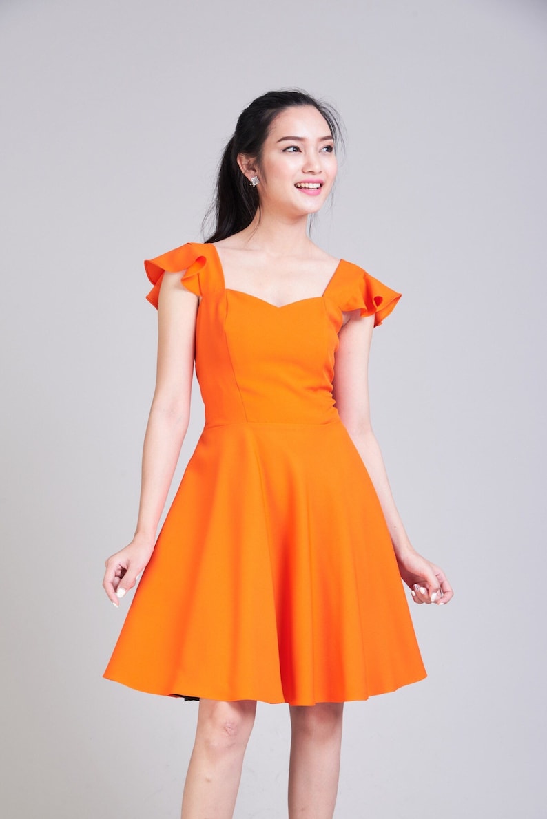 OLIVIA Orange Dress Orange Bridesmaid Dress Swing Dance Dress Tangerine Dress Ruffle Sleeve Sundress Sweetheart Prom Dress Summer Dress image 3