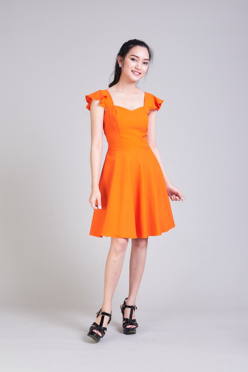 OLIVIA Orange Dress Orange Bridesmaid Dress Swing Dance Dress Tangerine Dress Ruffle Sleeve Sundress Sweetheart Prom Dress Summer Dress image 5
