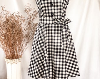 Downtown- Black check dress sleeveless shirt dress capsule wardrobe vintage sundress Timeless gingham summer dress women picnic clothing