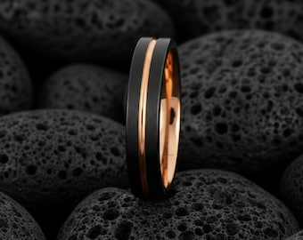 Anillo de carburo de tungsteno negro de 4 mm con ranura en oro rosa: alianza minimalista