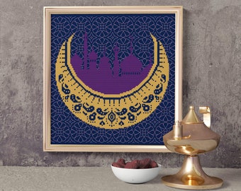 Ramadan Crescent Ethnic Cross Stitch Pattern Islamic Arabic Ornaments Mosque Minarets Blackwork Cushion Instant Download PDF Chart PDF 1ld