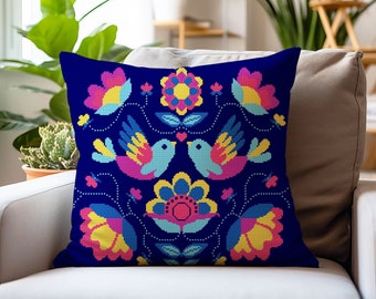 Mexican Style Cushion Cover Cross Stitch Pattern Bright Flowers Birds Cinco de Mayo Throw Pillow Digital Download PDF Chart N404ld