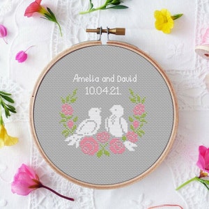 Wedding Miniature Cross Stitch Pattern Love Doves Rose Wreath Small Hoop Personalize It Yourself Alphabet Instant Download PDF Chart N41ld