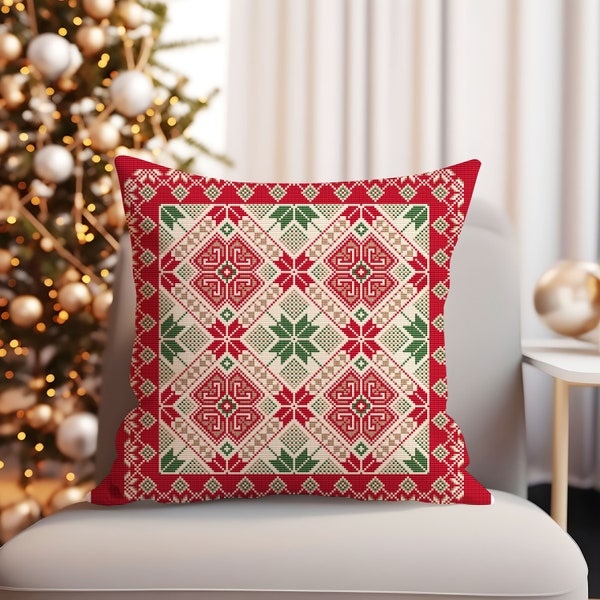 Folk Style Cushion Cover Cross Stitch Pattern Christmas Nordic Stars Ornements Festive Throw Pillow Téléchargement numérique PDF Chart 143d