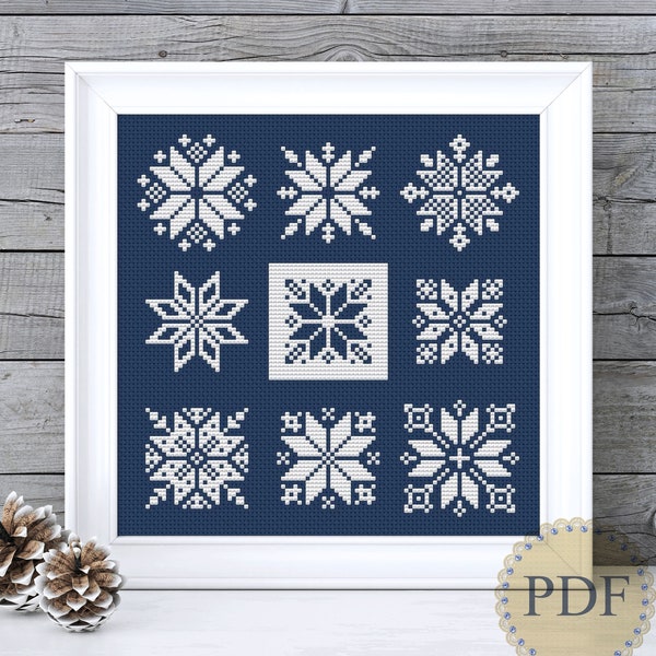 Nordic Stars Snowflakes Scandinavian Ornaments Christmas Filet Lace Motifs Instant Download Counted Cross Stitch Chart PDF Pattern N172ld