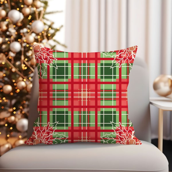 Christmas Tartan Throw Pillow Cross Stitch Pattern Festive Ornaments Cushion Folk Art Holly Berries Noel Instant Download PDF Chart 153ld