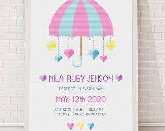 Umbrella and Hearts Birth Announcement Cross Stitch Pattern Baby Girl Record Metrics Customize Yourself Digital Download PDF Chart 439ld