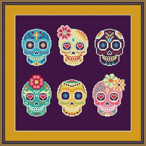 Sugar Skulls Bundle 6 x Cross Stitch Patterns Easy Mini Calaveras Día De Los Muertos Day of the Dead Digital Download PDF Chart N74ld