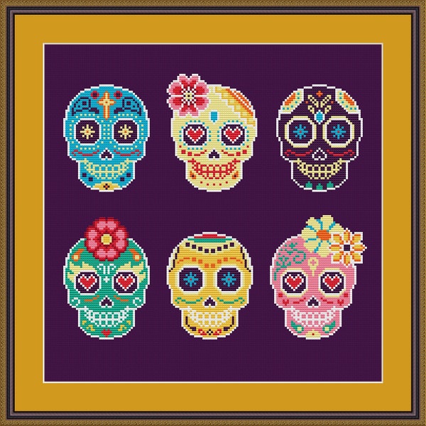 Lot de 6 têtes de mort en sucre motifs de point de croix faciles Mini Calaveras Día de los Muertos Jour des morts, téléchargement numérique, tableau PDF N74ld