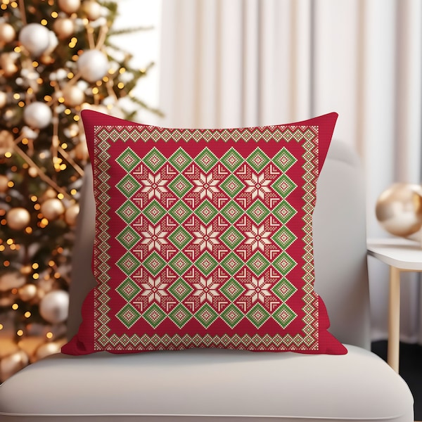 Folk Style Cushion Cover Cross Stitch Pattern Christmas Nordic Stars Ornaments Festive Throw Pillow Digital Download PDF Chart N162ld