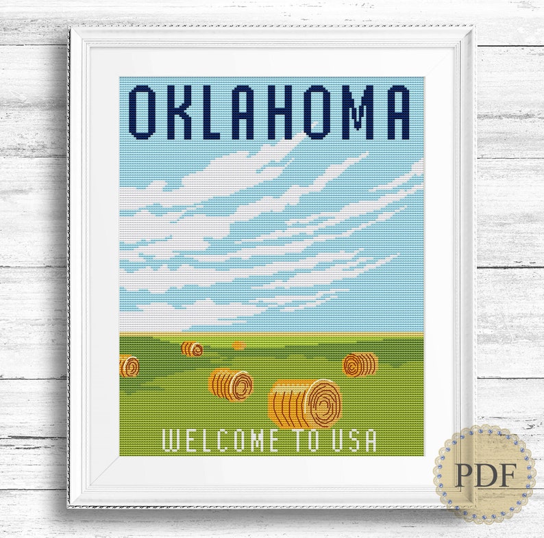 Oklahoma Modern Cross Stitch Pattern Scenic Field Round Hay Etsy