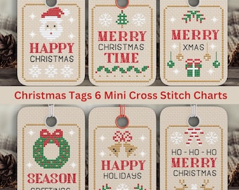 Christmas Gift Tags Cross Stitch Pattern Small Festive Ornaments Snowflake Santa Candy Canes Reindeers Digital Download PDF Chart N155ld