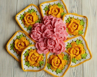 Crochet Granny Square Floral Pattern Instant Download Crochet PDF Pattern Floral Afghan Block Square Chinese Rose in Square