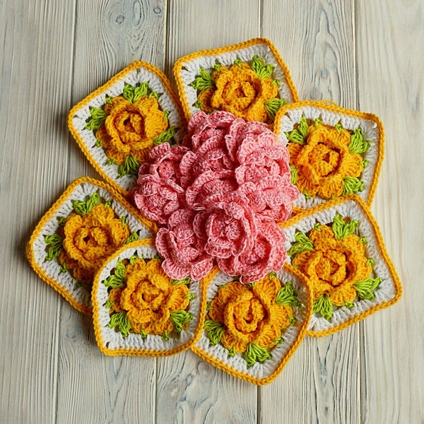 Crochet Granny Square Floral Pattern Instant Download Crochet PDF Pattern Floral Afghan Block Square Chinese Rose in Square