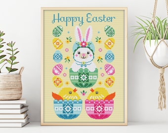 Happy Easter Cross Stitch Pattern Spring Sampler with Eggs Flowers Bunny Chicks Easy Embroidery Digital Download PDF Chart N22ld