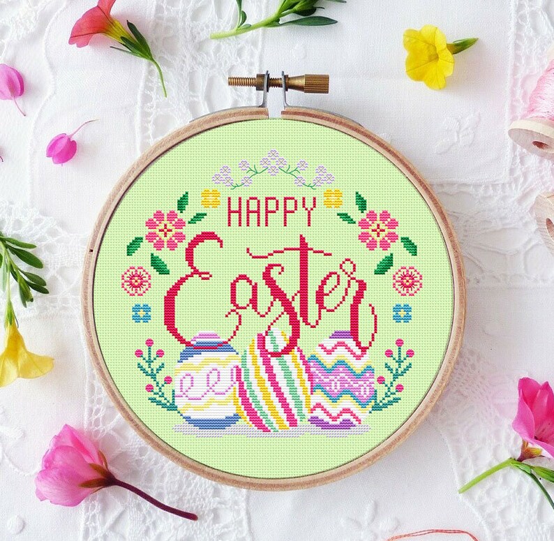 Happy Easter Cross Stitch Pattern Eggs Flowers Wreath Spring Easy Round Embroidery Hoopart Gift Instant Download PDF Chart N20ld image 3