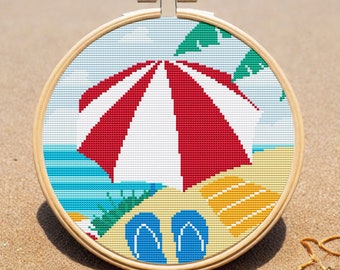 On The Beach Modern Cross Stitch Pattern Easy Round Holiday Landscape Nature Silhouette Instant Download PDF Chart 559ld