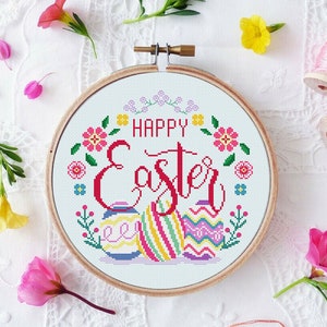 Happy Easter Cross Stitch Pattern Eggs Flowers Wreath Spring Easy Round Embroidery Hoopart Gift Instant Download PDF Chart N20ld image 2