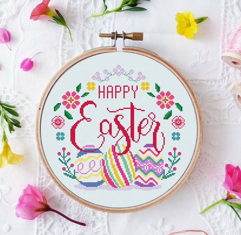 Happy Easter Cross Stitch Pattern Eggs Flowers Wreath Spring Easy Round Embroidery Hoopart Gift Instant Download PDF Chart N20ld image 2