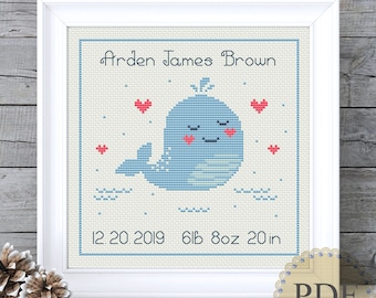 Birth Announcement Modern Counted Cross Stitch Pattern Blue Whale Baby Boy Birth Record Metrics Instant Download PDF Chart 430ld