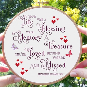 Loved Beyond Words & Missed Beyond Measure Cross Stitch Pattern Compassion Bereavement Remembrance Quote Digital Download PDF Chart N527ld