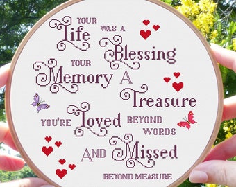 Loved Beyond Words & Missed Beyond Measure Cross Stitch Pattern Compassion Bereavement Remembrance Quote Digital Download PDF Chart N527ld