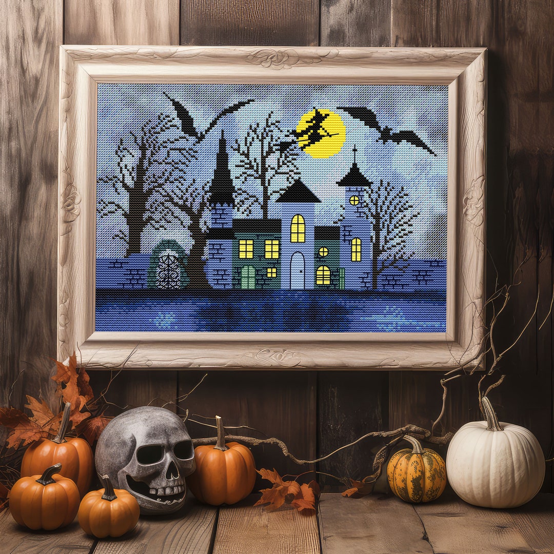 Witchcraft Halloween Modern Cross Stitch Pattern Spooky Castle Witch ...