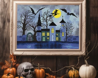 Witchcraft Halloween Modern Cross Stitch Pattern Spooky Castle Witch Tree Bat Moon Instant Download Counted PDF Chart N54ld