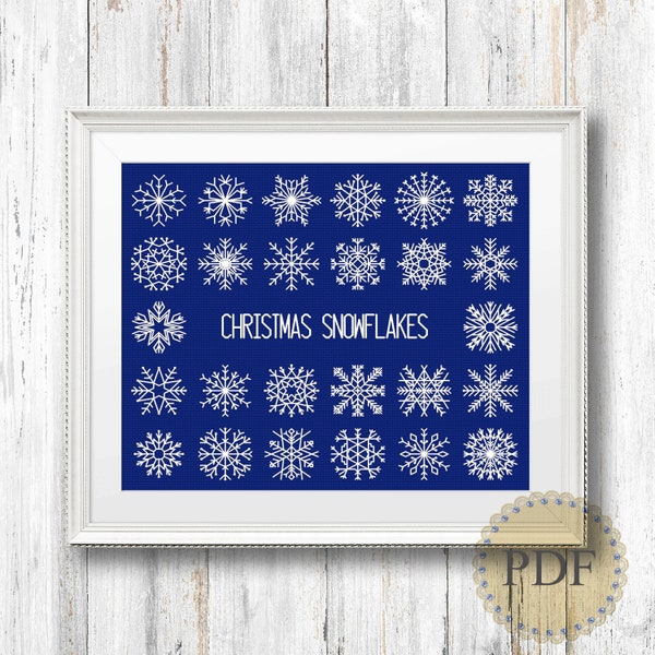 Christmas Snowflakes Pattern Set of 26 Hand Drawn Embroidery or Cross Stitch Ornaments Instant Download PDF Chart N166ld