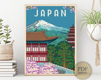 Japan Modern Cross Stitch Pattern Travel Scenery Landscape Fuji Temples Shrines Pines Magnolia Cherry Instant Download PDF Chart PDF 73ld