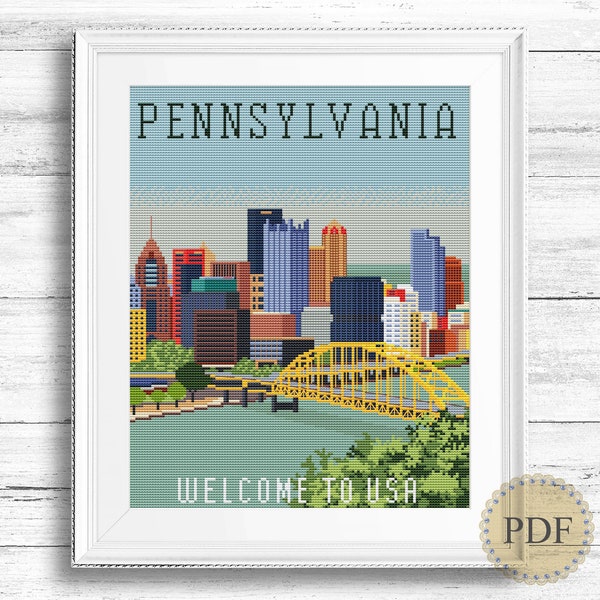 Pennsylvania Modern Cross Stitch Pattern USA Landscape Travel Scenery Pittsburgh City Bridge River Instant Download Chart PDF 288ld