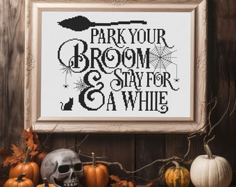 Park Your Broom Cross Stitch Pattern Halloween Spooky Season Quote Lettering Bats Web Spider Stars Instant Download PDF Chart N63ld