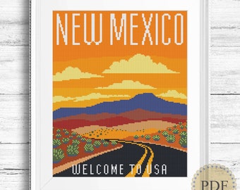 New Mexico Modern Cross Stitch Pattern Travel USA Landscape Embroidery Stitching Instant Download Counted Cross Stitch Chart PDF 281ld
