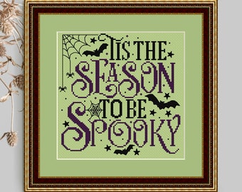 Halloween Cross Stitch Pattern Tis the Season to be Spooky Quote Lettering Bats Web Spider Stars Instant Download PDF Chart N51ld