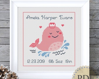 Birth Announcement Modern Counted Cross Stitch Pattern Pink Whale Baby Girl Birth Record Nursery Metrics Instant Download PDF Chart 431ld