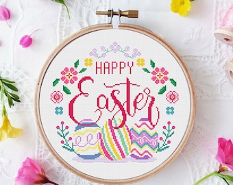 Happy Easter Cross Stitch Pattern Eggs Flowers Wreath Spring Easy Round Embroidery Hoopart Gift Instant Download PDF Chart N20ld