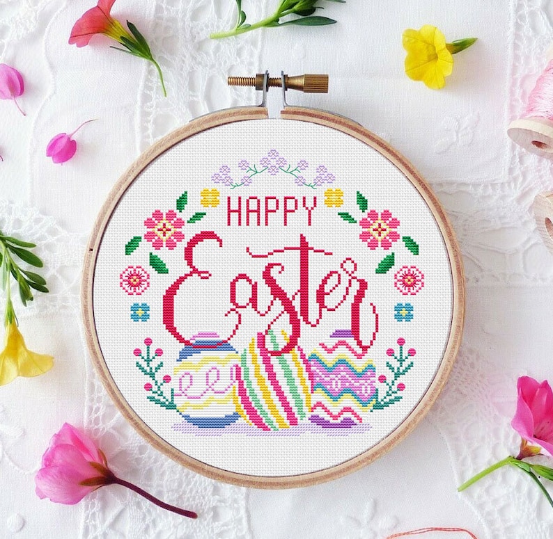 Happy Easter Cross Stitch Pattern Eggs Flowers Wreath Spring Easy Round Embroidery Hoopart Gift Instant Download PDF Chart N20ld image 1