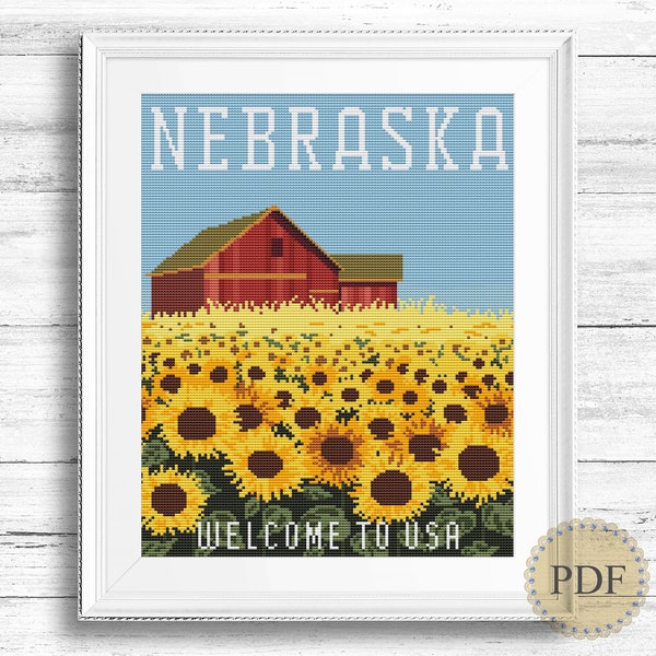 Nebraska Modern Cross Stitch Pattern Retro Travel USA Landscape Embroidery Stitching Instant Download Counted Cross Stitch Chart PDF 277ld