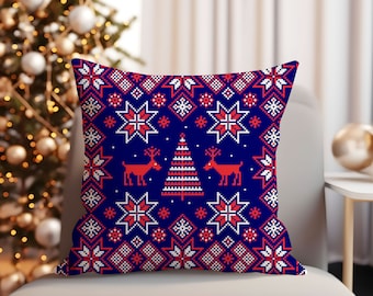 Nordic Cushion Cover Cross Stitch Pattern Christmas Reindeers Snowflakes Ornaments Throw Pillow Digital Download PDF Chart N185ld
