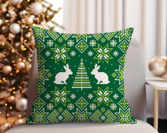 Nordic Cushion Cover Cross Stitch Pattern Christmas Rabbits Snowflakes Ornaments Throw Pillow Digital Download PDF Chart N187ld