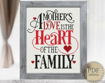 A Mother's Love Is The Heart Of The Family Cross Stitch Pattern Inspirational Quote Lettering Birthday Instant Download PDF Chart N14ld