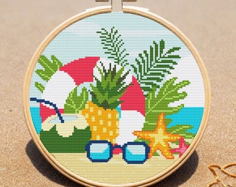On The Beach Modern Cross Stitch Pattern Easy Round Holiday Landscape Nature Silhouette Instant Download PDF Chart 558ld