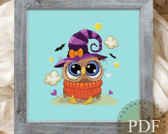 Halloween Witch Owl Modern Cross Stitch Pattern Nursery Bats Hearts Clouds Baby Fall Spooky Stars Instant Download PDF Chart N53ld