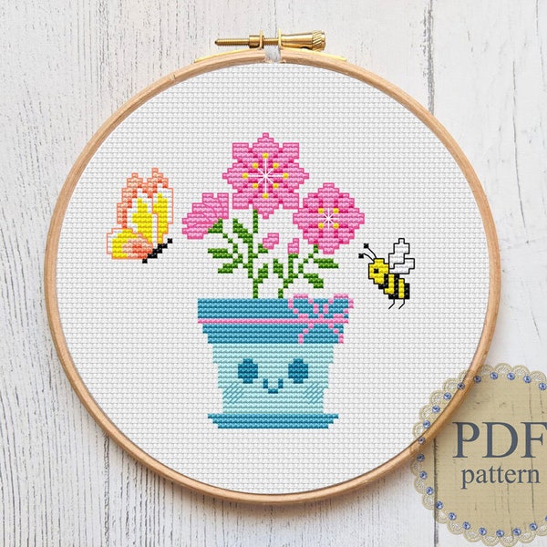 Hello Spring Modern Cross Stitch Pattern Happy Flower Pot with Butterfly and Bee Easy Floral Cup Instant Download PDF Chart 122ld