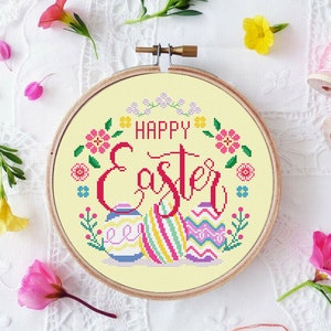 Happy Easter Cross Stitch Pattern Eggs Flowers Wreath Spring Easy Round Embroidery Hoopart Gift Instant Download PDF Chart N20ld image 5
